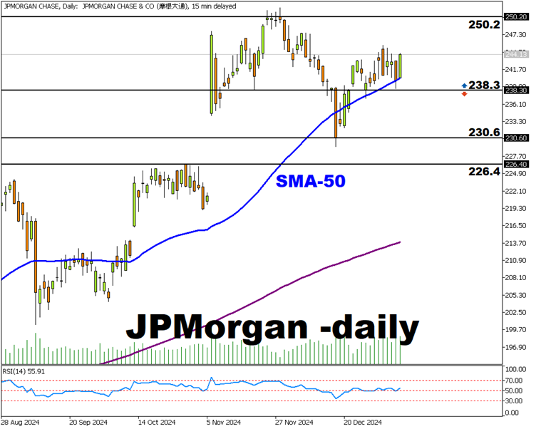 gráfico diario del precio del valor de la acción de JP Morgan 14 enero 2025 fxtm